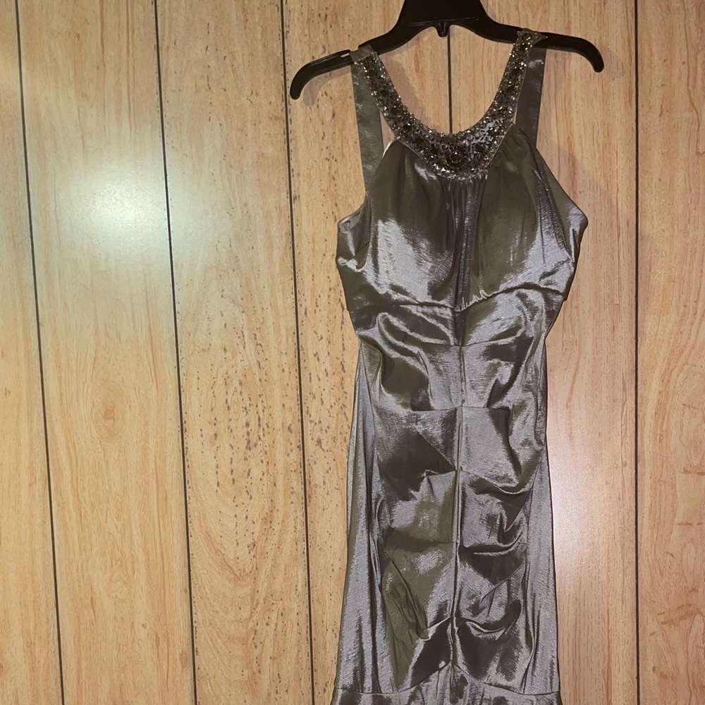 Silver mermaid dress with ruching and beading